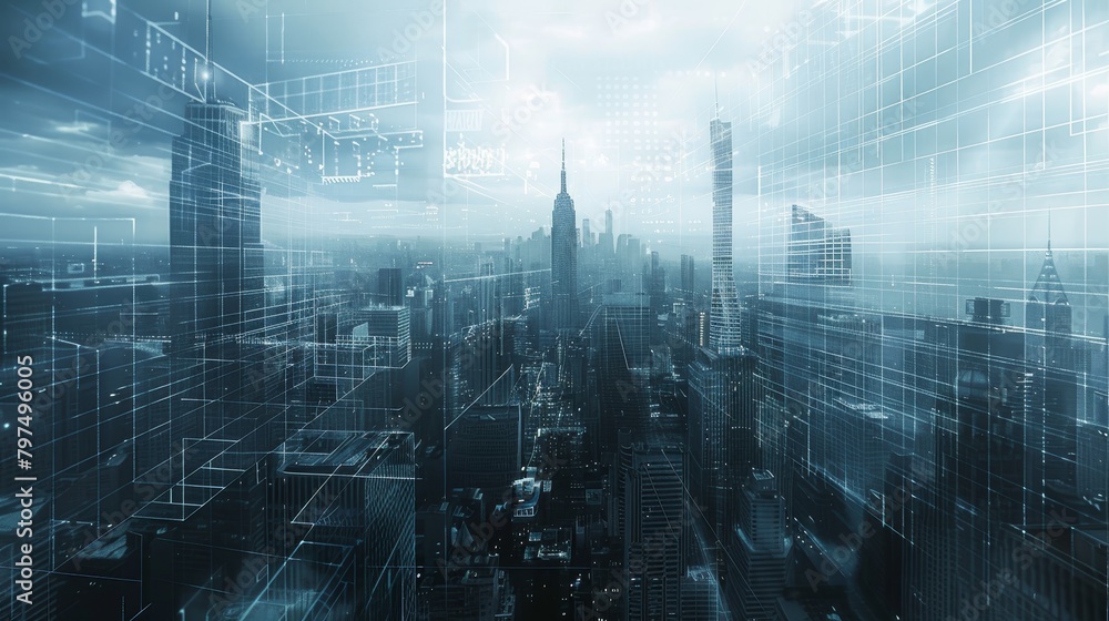 Poster abstract grid scape: a photo of a city skyline with a grid pattern overlay