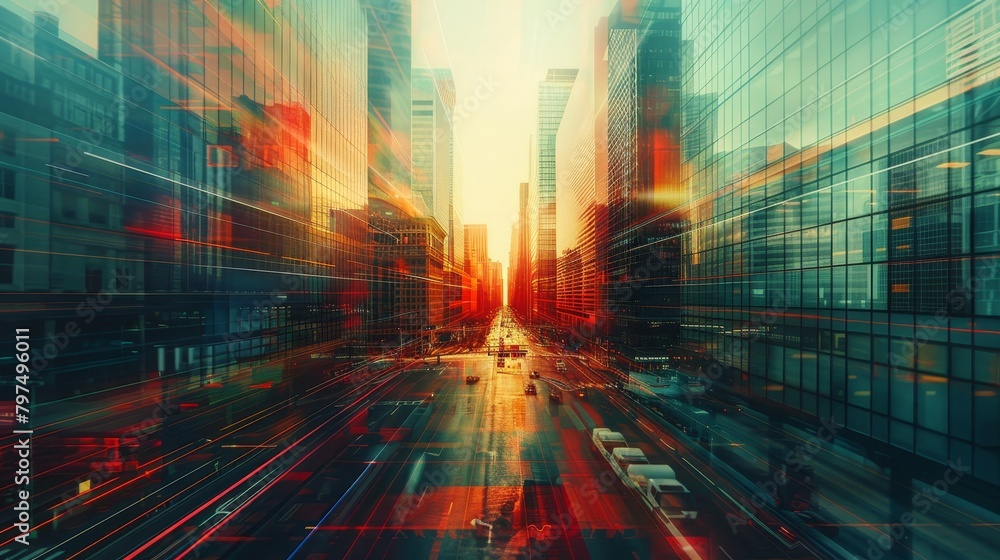 Aufkleber abstract grid scape: a photo of a city skyline with a grid pattern overlay