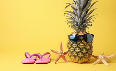 Pineapple With Pink Umbrella and Starfish on Yellow Background.
