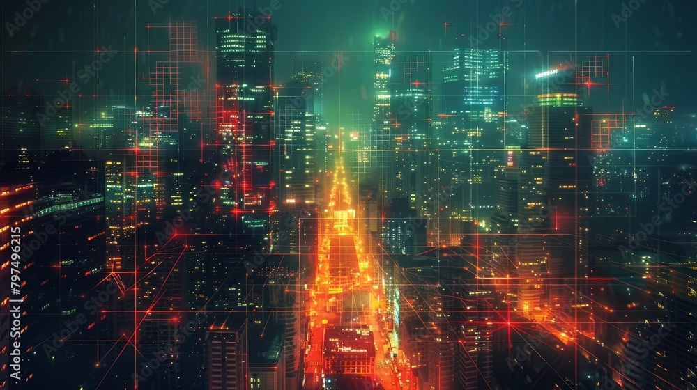 Poster abstract grid scape: a photo of an abstract cityscape with a grid pattern overlay