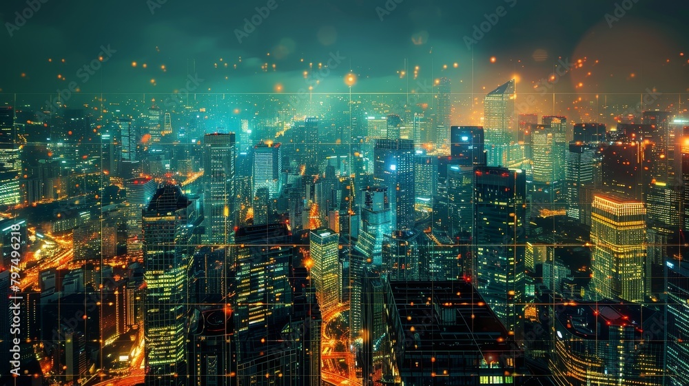 Poster abstract grid scape: a photo of an abstract cityscape with a grid pattern overlay