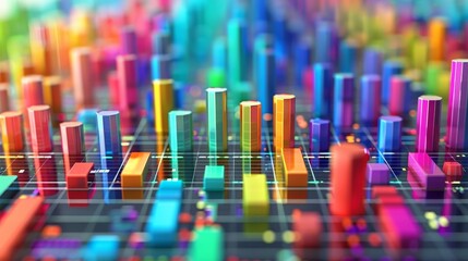 Data Grid: A 3D vector illustration of a grid filled with colorful charts and graphs