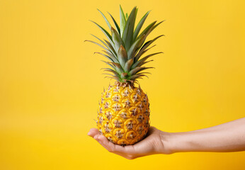 Hand Holding Pineapple Against Yellow Background Background