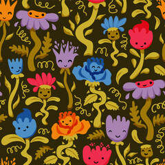 Baby pattern. Floral background.  Doodle cute flowers characters. Perfect for  wrapping paper, printing on the fabric, design package and cover for kids.