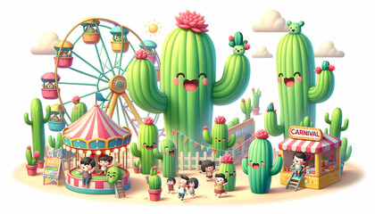 Carnival Cacti: 3D Cartoon Chibi Style in Isometric Watercolor Landscape with Rides and Games