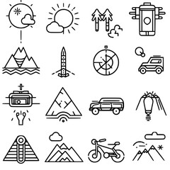 Fototapeta premium vacation icon, travel icon, beach icon, summer icon, airplane icon, tourism icon, nature icon, mountain icon, tour icon, travel destinations icon, transportation icon, transport icon, weather icon, lu