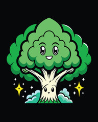 Cartoon illustration of a green tree with a happy face on a black background