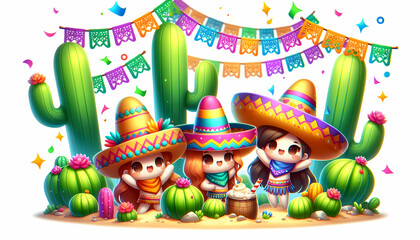 Colorful 3D Cartoon Chibi Style Watercolor Landscape Featuring Cacti with Fiesta Flair for Cinco de Mayo Isometric Scene