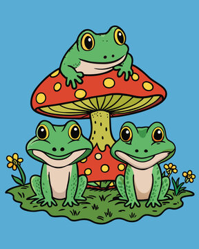 Frogs on mushroom. Vector illustration of a cartoon frog.