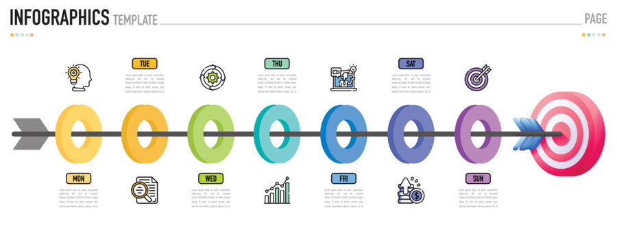 Circular paper origami timeline weekly infographic template or element with 7 day, step, process, option, colorful rectangle, bar, column, arrow