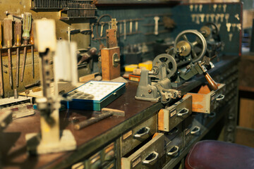 An old workshop and a turner's tool. Master of keys from the Middle East - obrazy, fototapety, plakaty