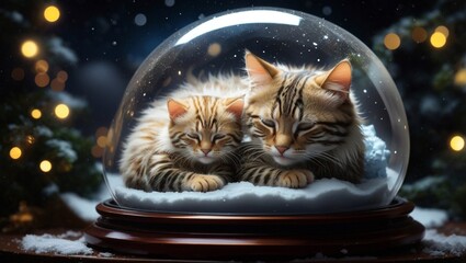 cat in the night highly intricately detailed photograph of Cat and kitten sleeping together. Kitten and cat in a snow globe