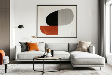 Modern Scandinavian living room with sofa, coffee table, chairs, flower vase on the floor and interesting abstract poster on the wall