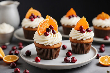 Delicious cupcakes with orange and cranberry on plate, closeup