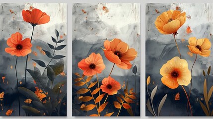 Three abstract art illustrations, including golden brush strokes, flowers, leaves, and texture. This artwork can be used as a wall decoration, card, poster, mural, carpet, or hanging.