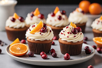 Cupcakes with cream cheese frosting, cranberries and oranges
