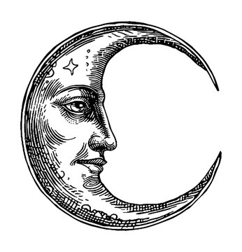 crescent moon face head engraving black and white outline