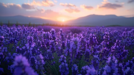A field of purple lavender, its fragrant blooms creating a serene and calming atmosphere