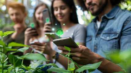 Obraz premium A group of people using a mobile app to track their carbon footprint
