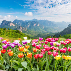 Selective focus.closeup of fantasy multicolor tulip flower blooming in garden with landscape meadow mountain view.nature spring background
