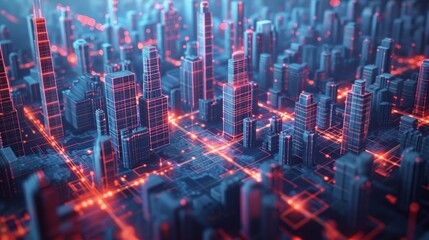 Fototapeta premium Grid Structure: A 3D vector illustration of a futuristic cityscape with interconnected grid structures