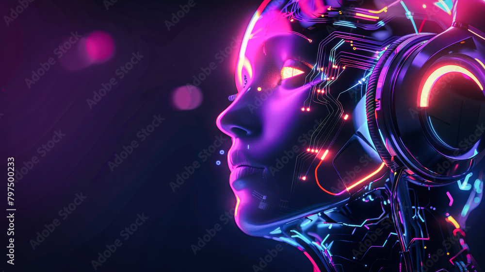 Poster an artificial intelligence robot with headphones and colorful glowing elements on a dark background