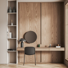 Modern wooden home office interior with a desk, round mirror, and chair, on a light background,...