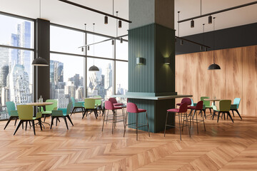 Naklejka premium Colored cafeteria interior with seats and tables in row near panoramic window