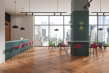 Naklejka premium Stylish cafe interior with eating zone and bar counter, panoramic window