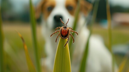 Photo of a tick insect sitting on green grass, with a jack russell dog in the background - obrazy, fototapety, plakaty