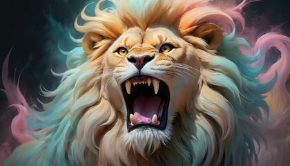 Fantasy Illustration of a wild animal lion. Digital art style wallpaper background. - obrazy, fototapety, plakaty