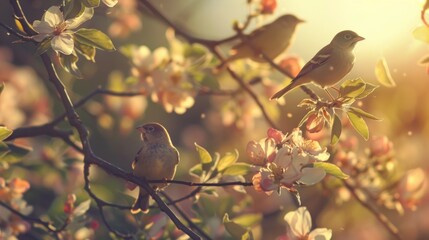 Serene birds on blossoming branch at sunset - obrazy, fototapety, plakaty
