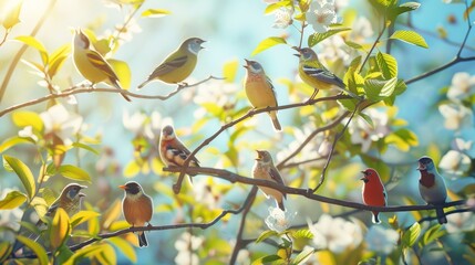 Springtime serenade: birds perched on blooming branches