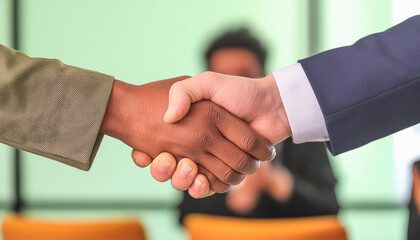 A handshake between two people on a blurred background of a meeting room
