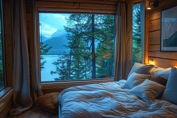 cozy bedroom with a comfortable bed and a scenic view from a large window