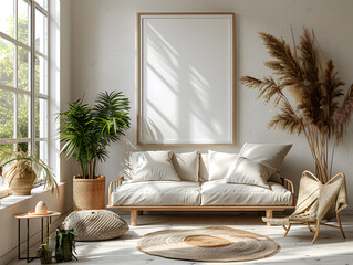 Minimalist Chic: Modern Furniture and Soft Lighting Highlight White Frame Mockup