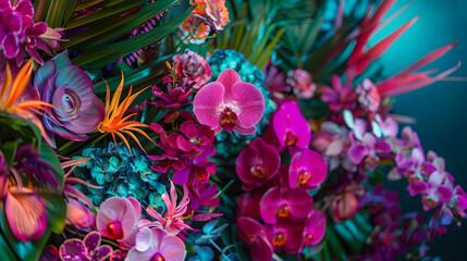 Tropical flowers in shades of fuchsia purple and turquoise cascade down the sides of the podium creating a striking and memorable.