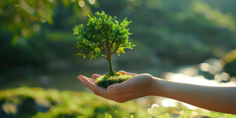 Hand holding a tree, tree growing on soil in hand holding with sunshine background. 