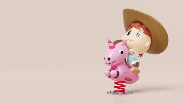 Playground unicorn spring rider with boy isolated on pink background. 3d render illustration, alpha channel
