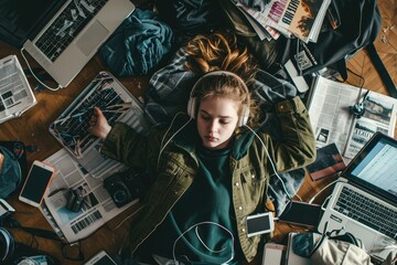 The top view of picture that about young scandinavian human that laying down and listening to the music and focused in the full of the thought and music with room that surrounded with devices. AIGX03.