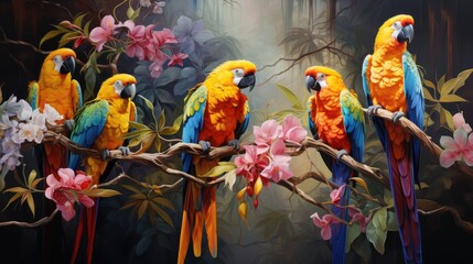 a illustration realistic painting of a group of colorful parrots perched on a tropical tree branch, AI Generative © Horsi