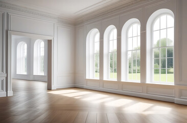 Obraz premium empty apartment in a classic style with white walls and large windows in a country house