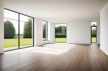 Obraz premium empty apartment with white walls and large windows in a country house