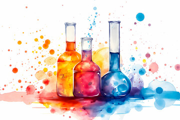 Colorful chemical test tubes with liquid on watercolor background. Vector illustration.