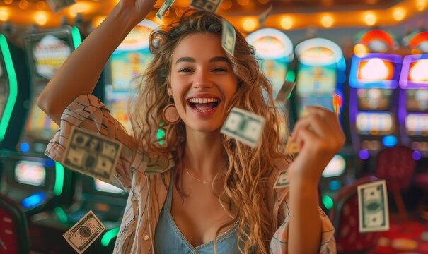 Girl wins the casino jackpot or lottery with money all around the woman and gambling machines background, Generative AI