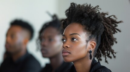 A woman with dreadlocks is sitting next to a man in an educational setting, possibly at a college event. Both individuals appear engaged in conversation or activity
