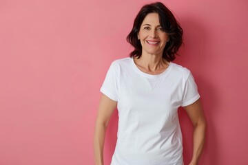 Middle aged woman wearing white blank t-shirt mockup with empty space for logo or text