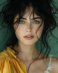 Photograph beautiful woman with green eyes, tangled black hairs
