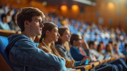 A group of students attentively listening to a presentation in an auditorium during an educational conference