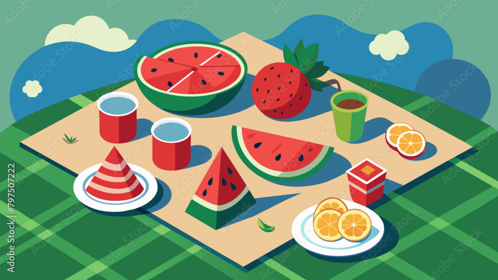 Poster a picnic blanket spread out with platters of fresh fruit and slices of watermelon a refreshing and h